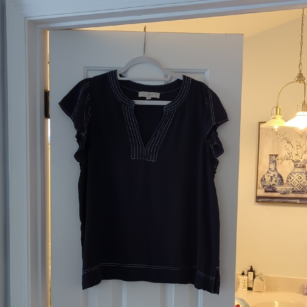 LOFT Navy Blouse with White Stitching